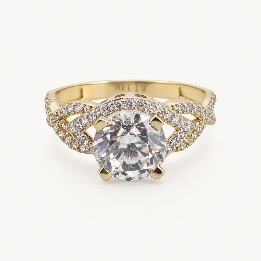 14K Gold Round Stone Crossover Ring — front view