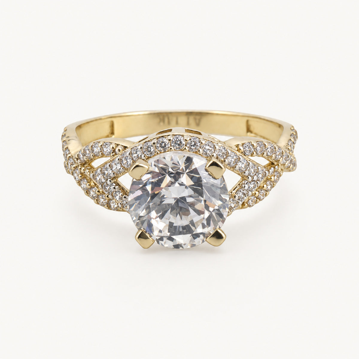 14K Gold Round Stone Crossover Ring — front view