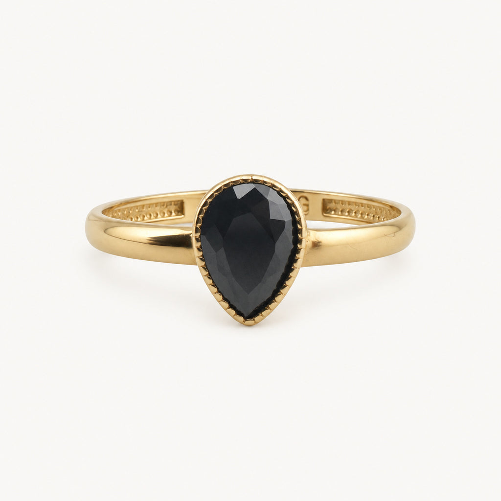 14K Gold Dark Teardrop Ring — front view