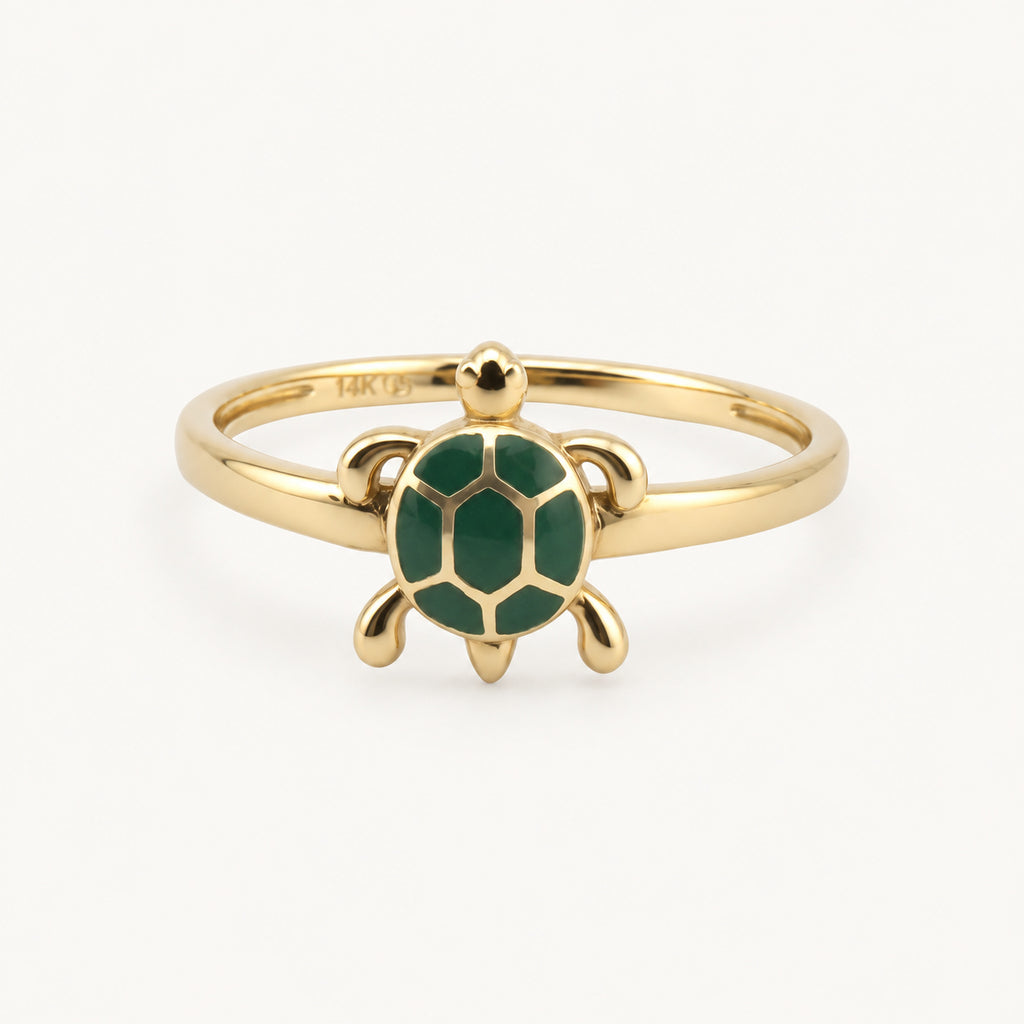 14K Gold Green Turtle Ring — front view