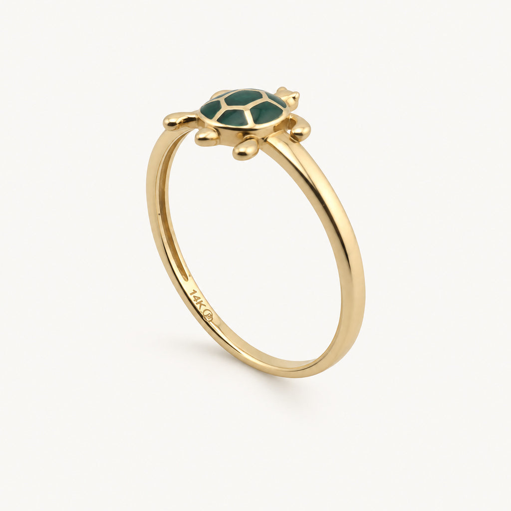 14K Gold Green Turtle Ring — three-quarter view