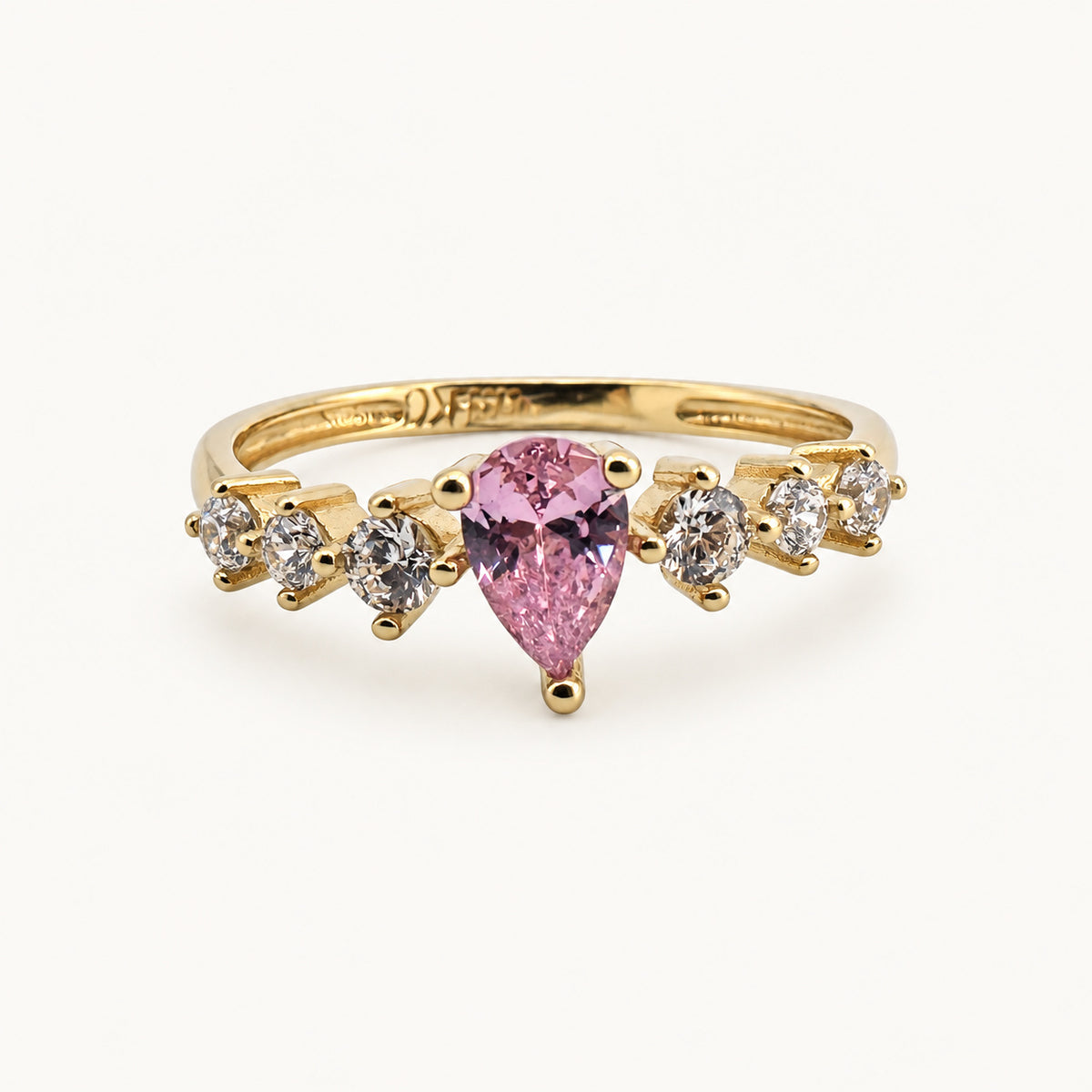 14K Gold Pink Pear and Clear Stone Ring — front view