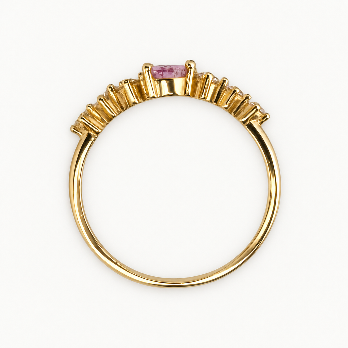 14K Gold Pink Pear and Clear Stone Ring — profile view