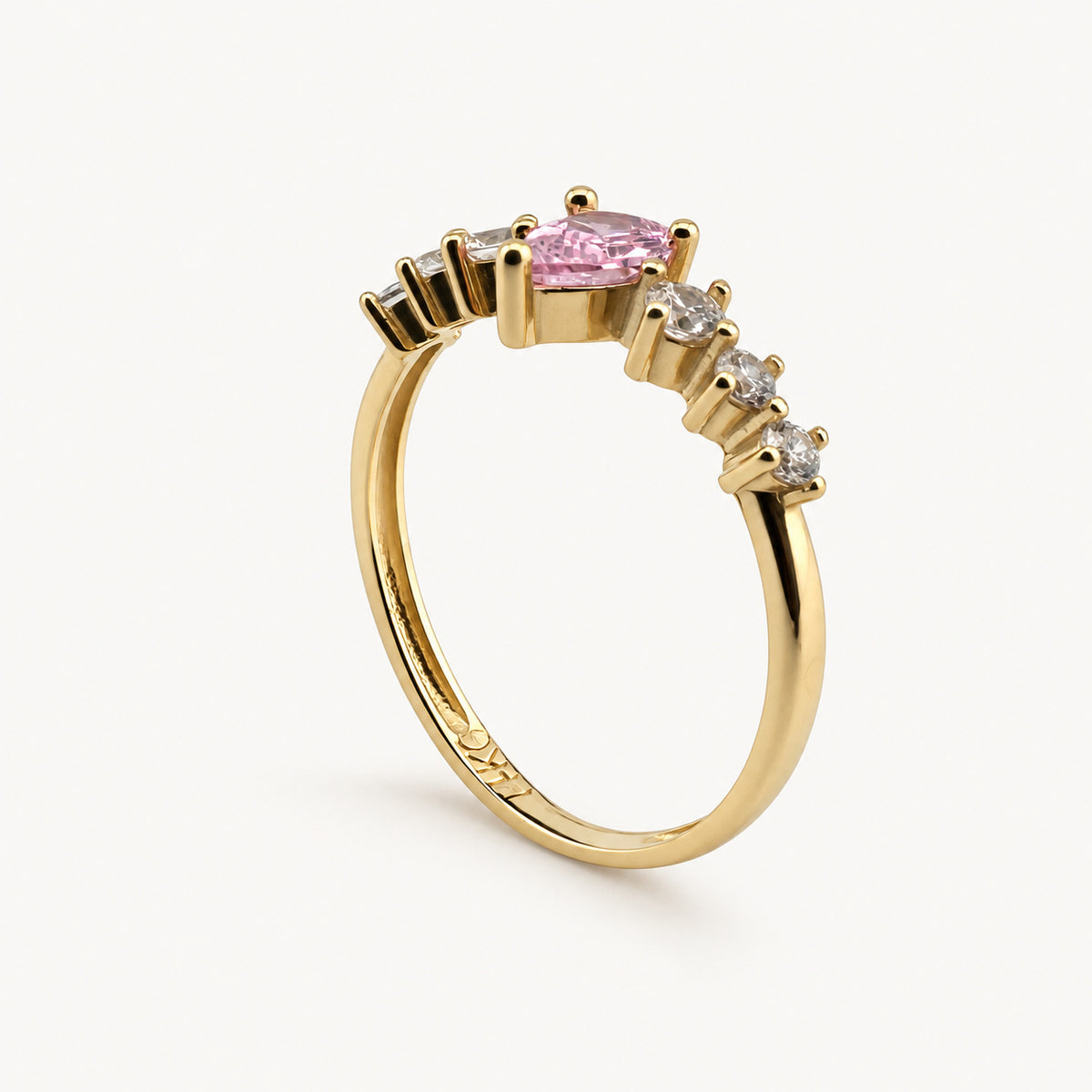 14K Gold Pink Pear and Clear Stone Ring — three-quarter view