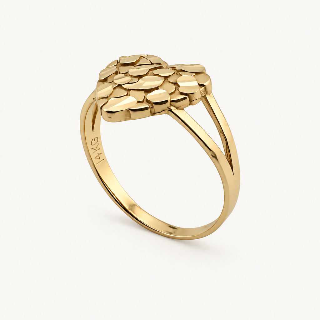 14K Gold Textured Heart Ring — three-quarter view
