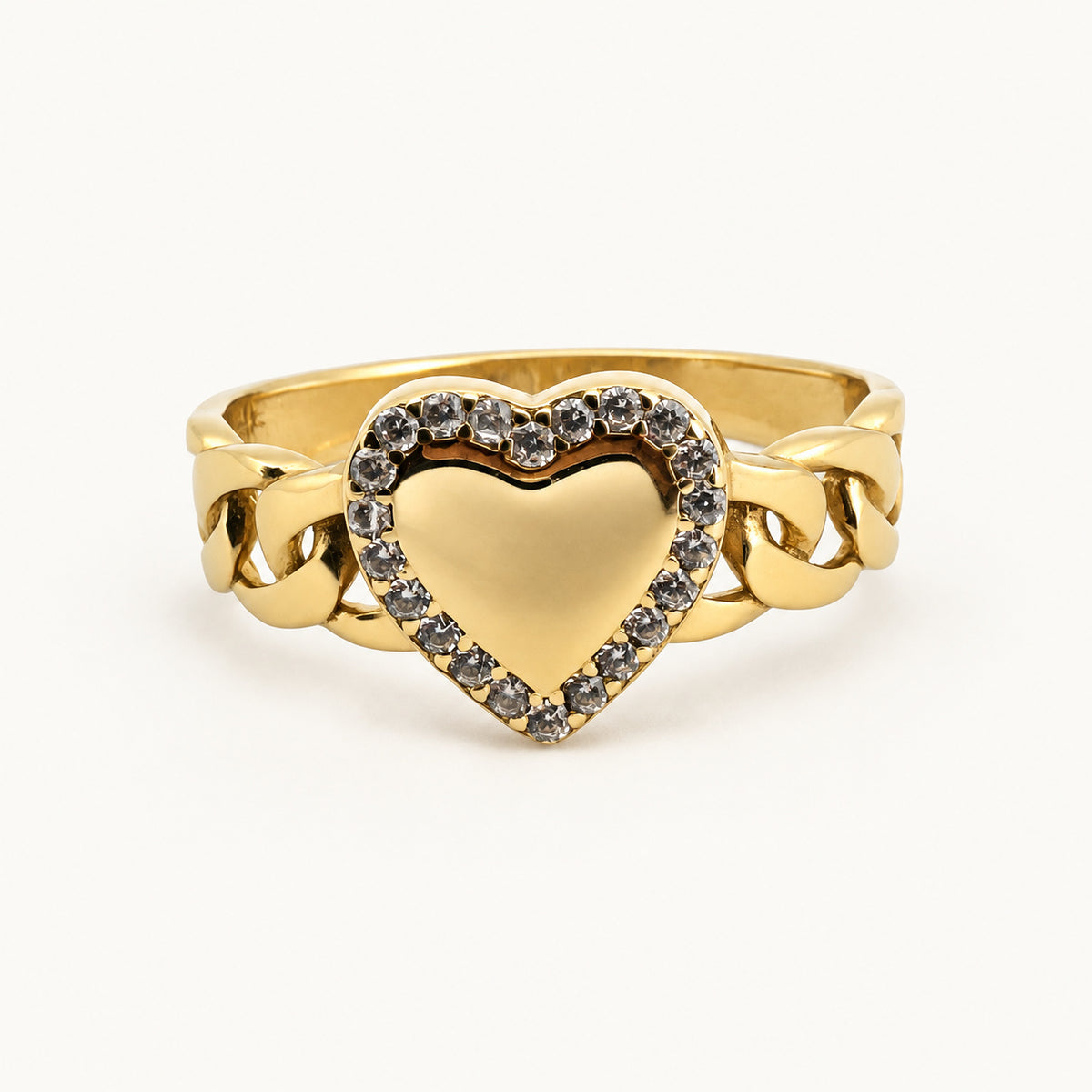 14K Gold Heart Halo Chain-Link Ring — front view