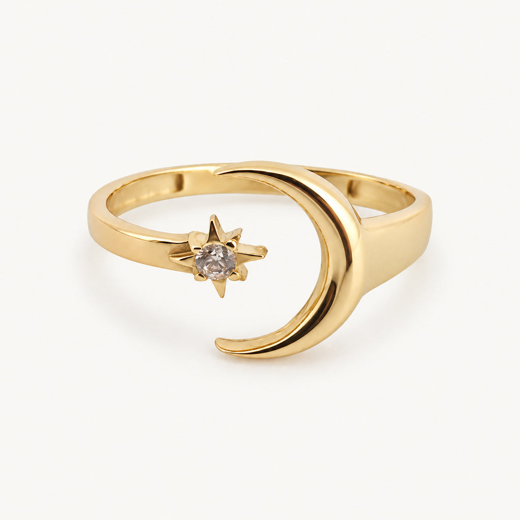14K Gold Crescent Moon and Star Ring — front view