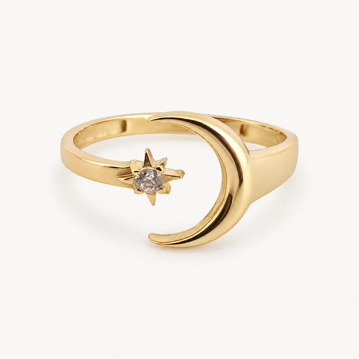 14K Gold Crescent Moon and Star Ring — front view