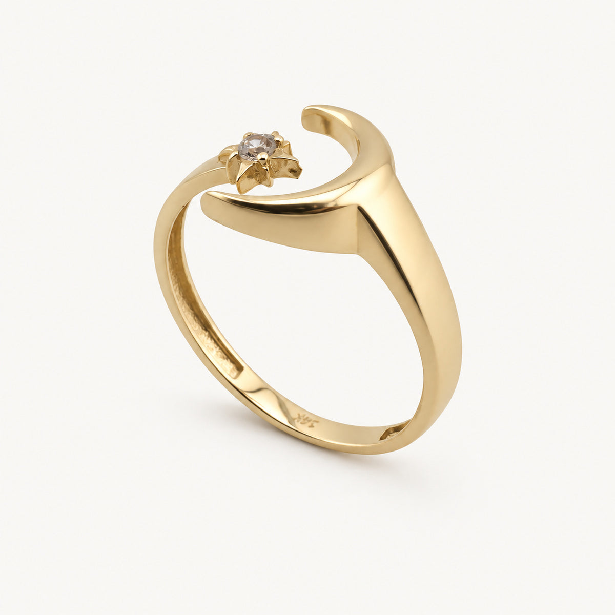 14K Gold Crescent Moon and Star Ring — three-quarter view