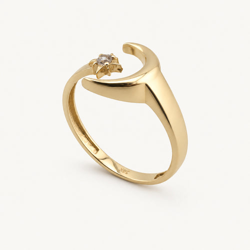14K Gold Crescent Moon and Star Ring — three-quarter view