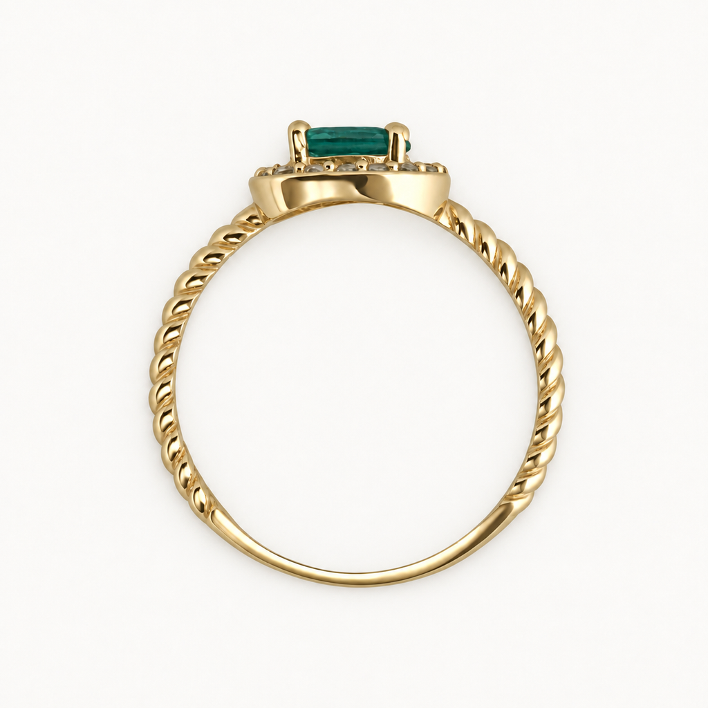 14K Gold Green Oval Halo Ring — profile view