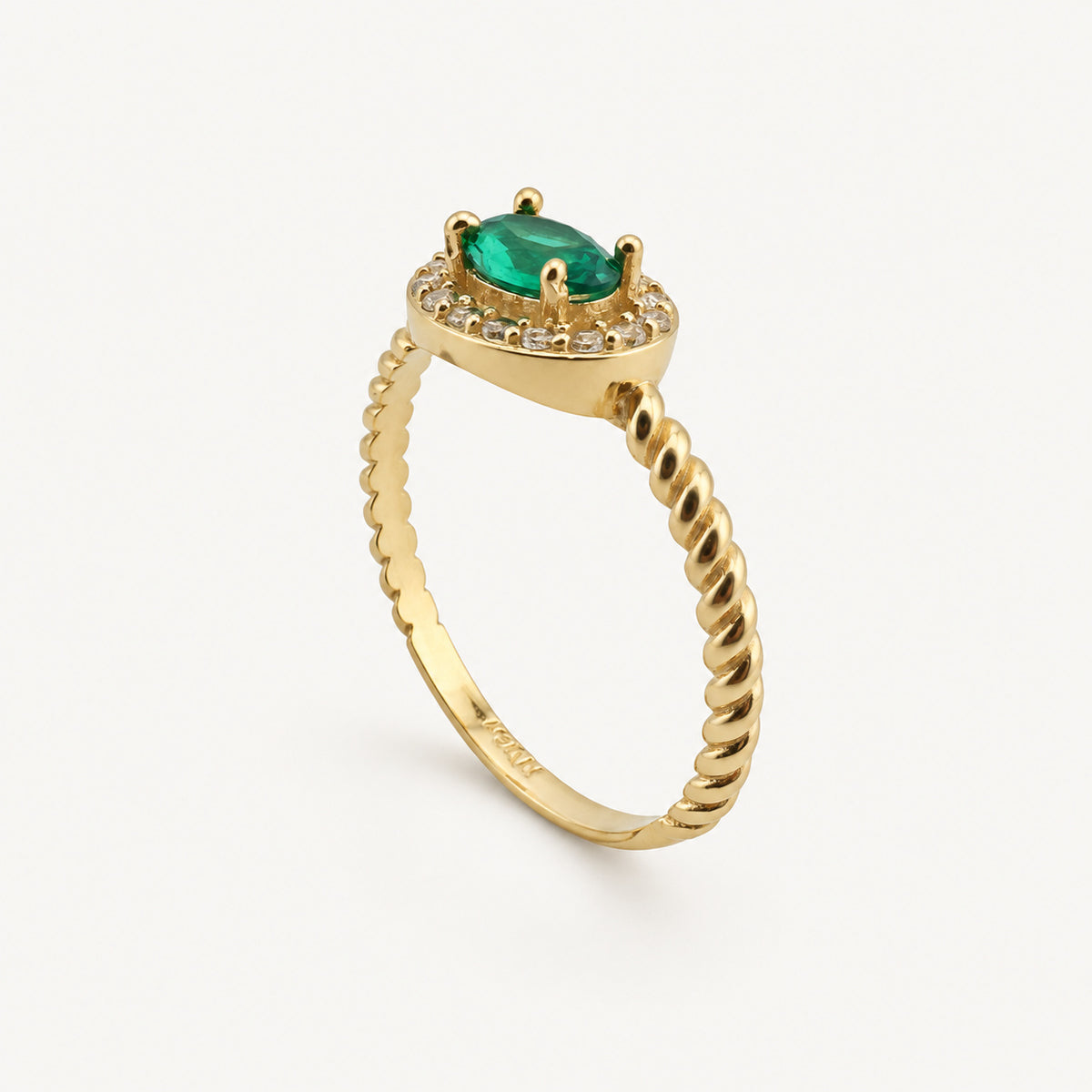14K Gold Green Oval Halo Ring — three-quarter view