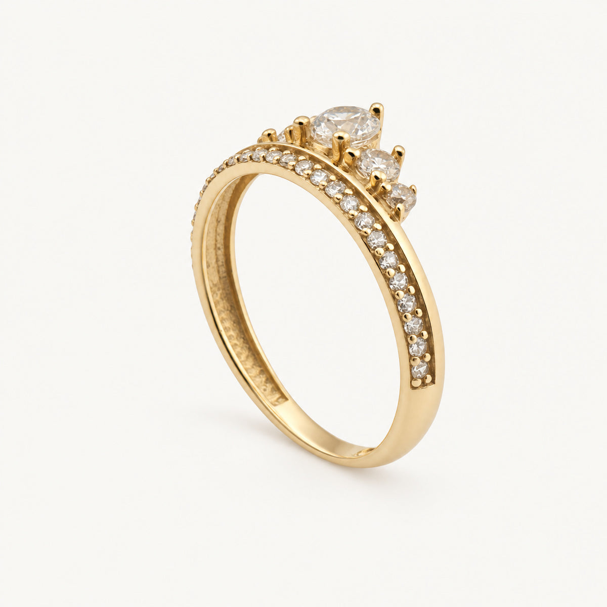 14K Gold Three-Stone Accent Ring — three-quarter view