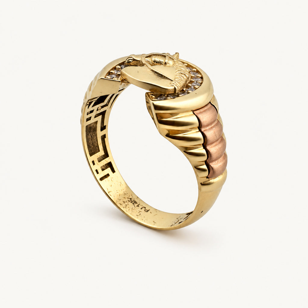14K Gold Horse and Horseshoe Ring — three-quarter view