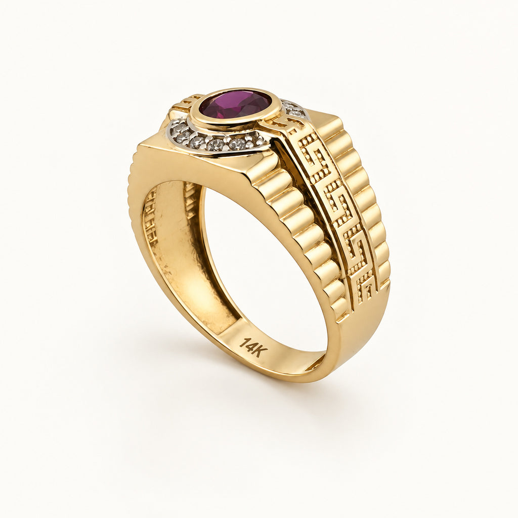 14K Gold Purple Round Geometric Signet Ring — three-quarter view