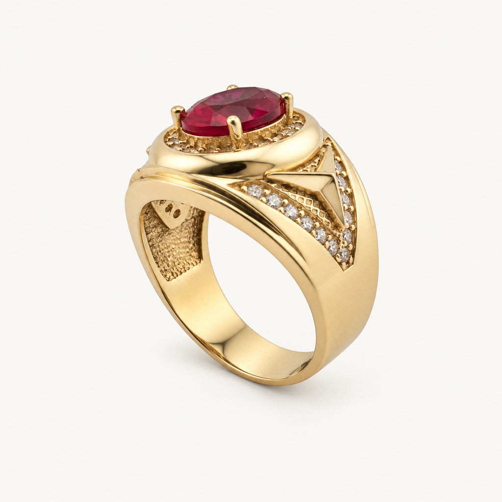 14K Gold Purple Oval Halo Signet Ring — three-quarter view
