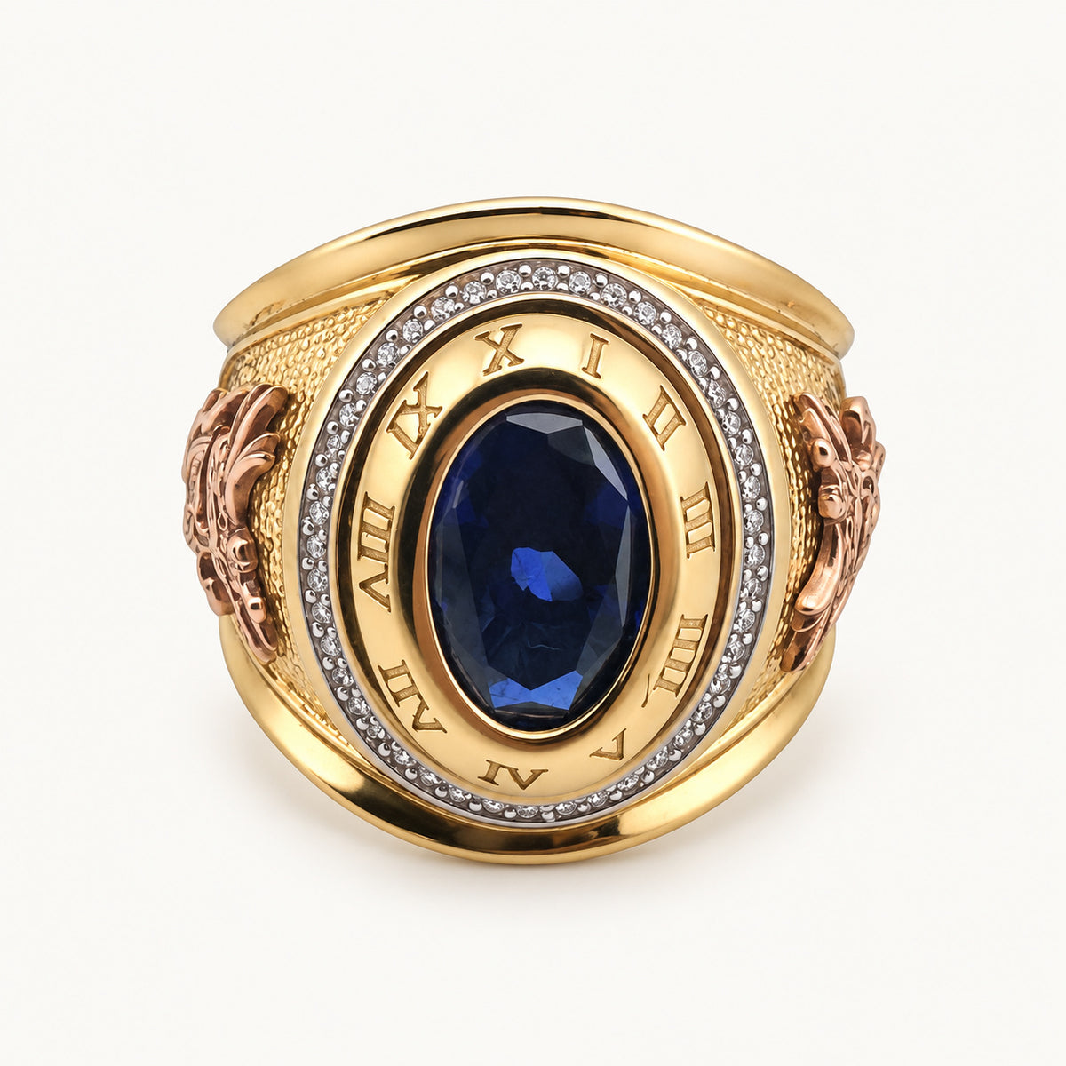 14K Gold Blue Oval Roman-Numeral Ring — front view