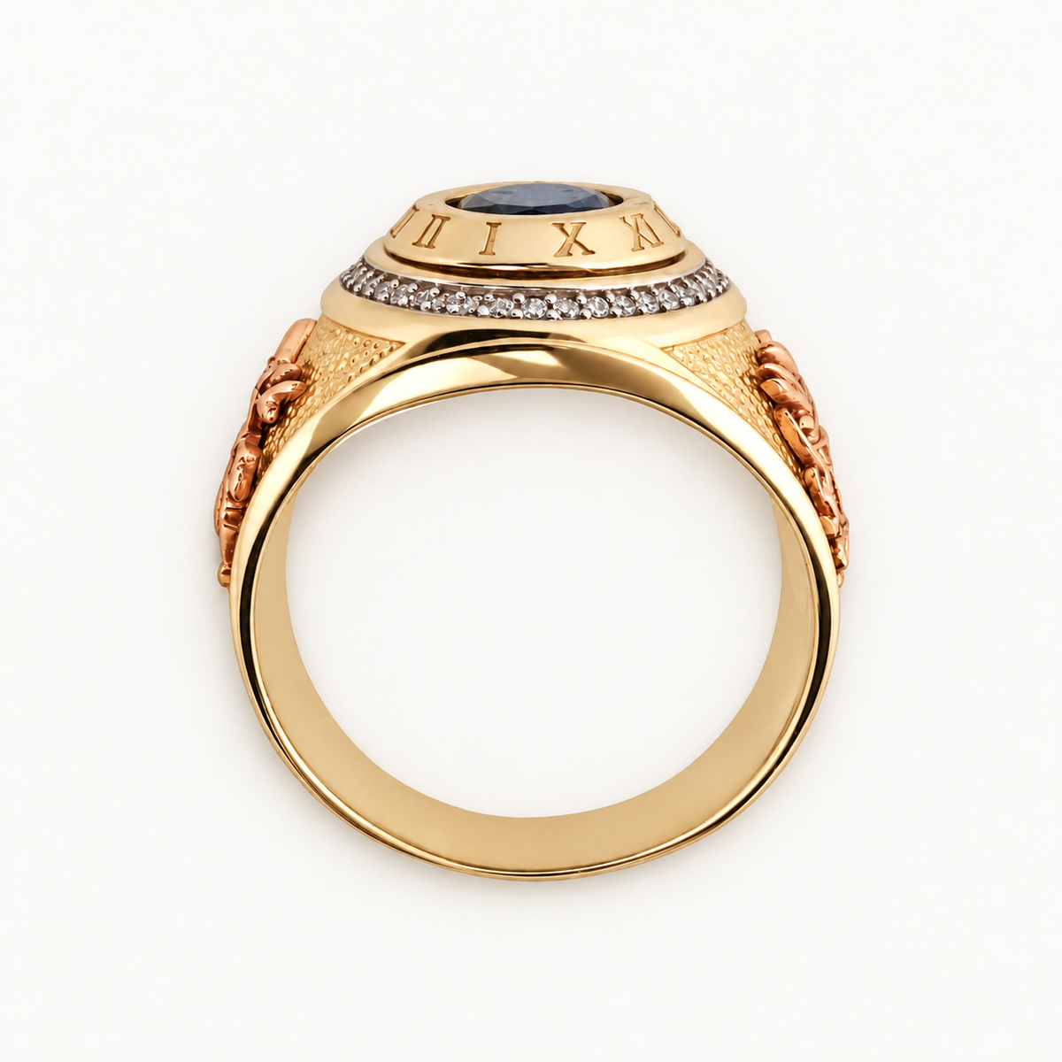 14K Gold Blue Oval Roman-Numeral Ring — profile view