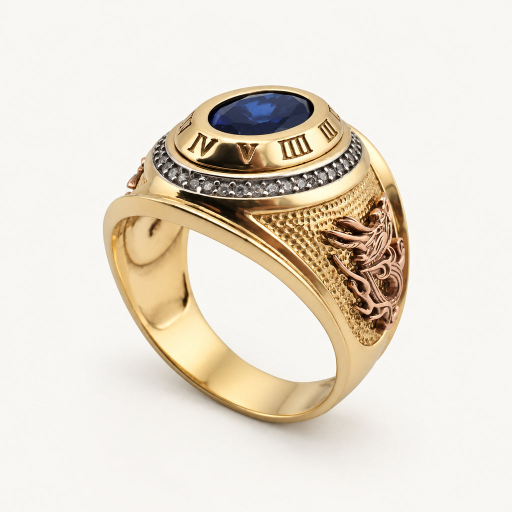 14K Gold Blue Oval Roman-Numeral Ring — three-quarter view