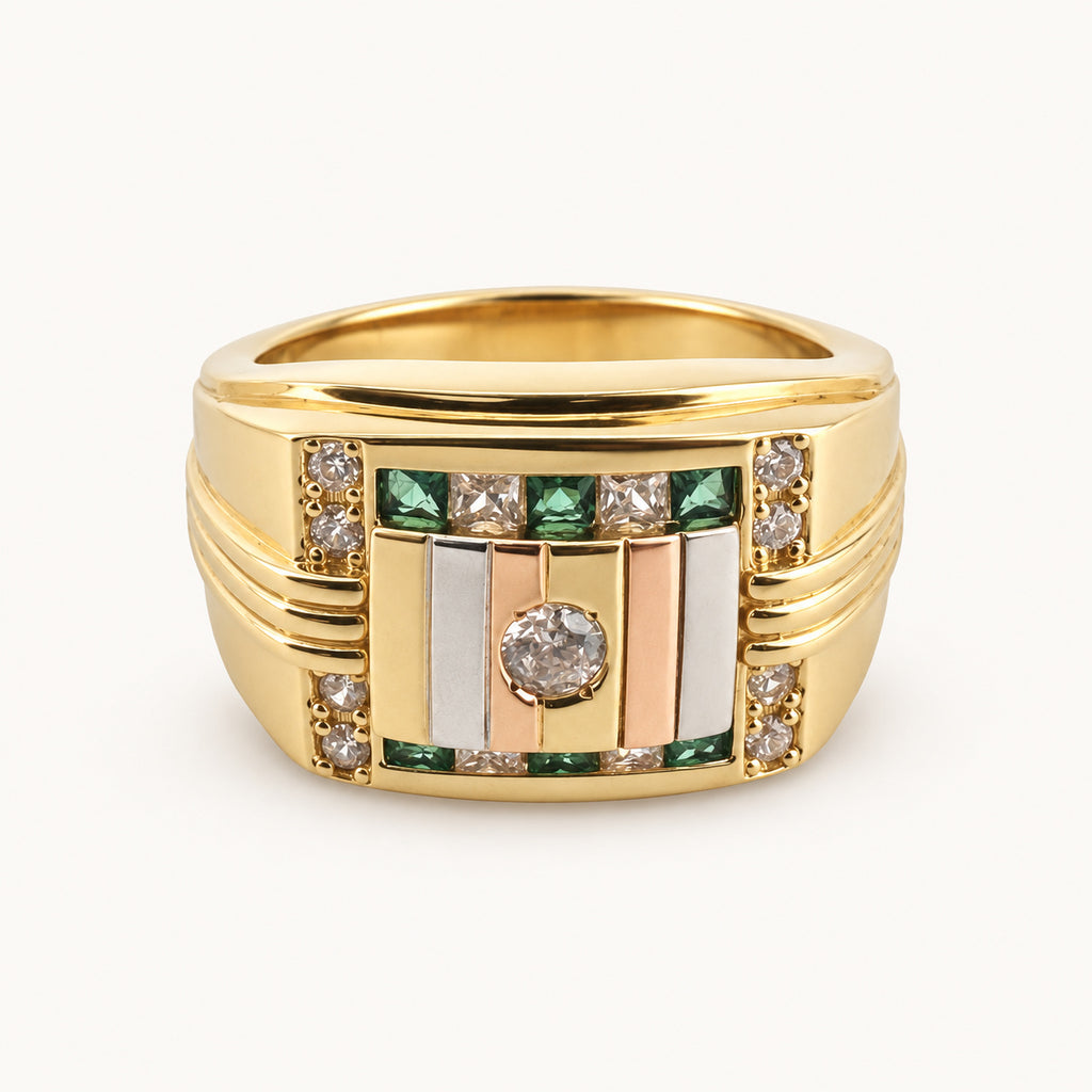 14K Gold Green Accent Rectangular Signet Ring — front view
