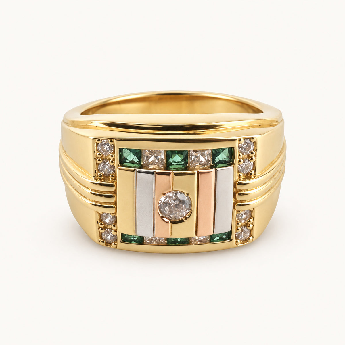 14K Gold Green Accent Rectangular Signet Ring — front view