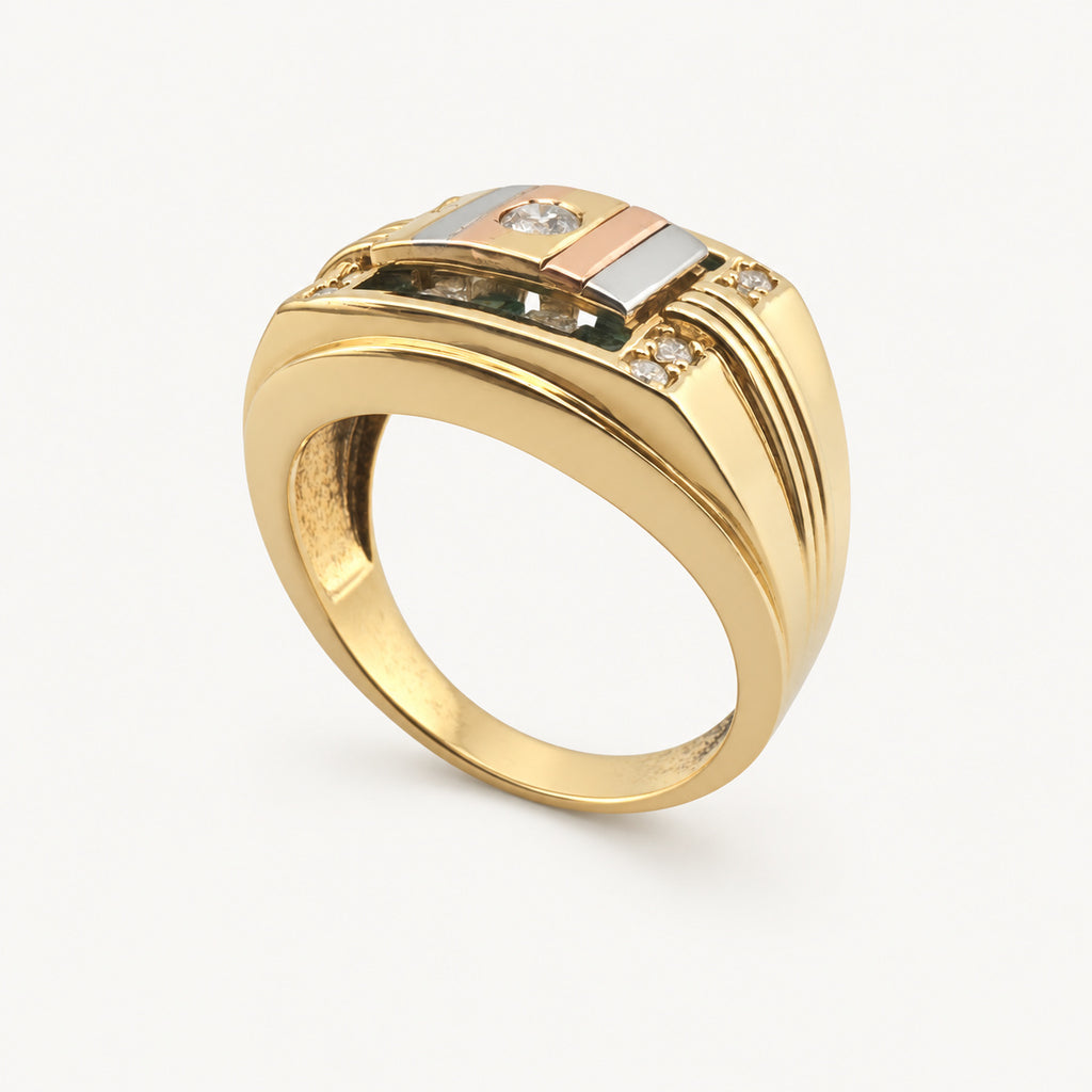 14K Gold Green Accent Rectangular Signet Ring — three-quarter view
