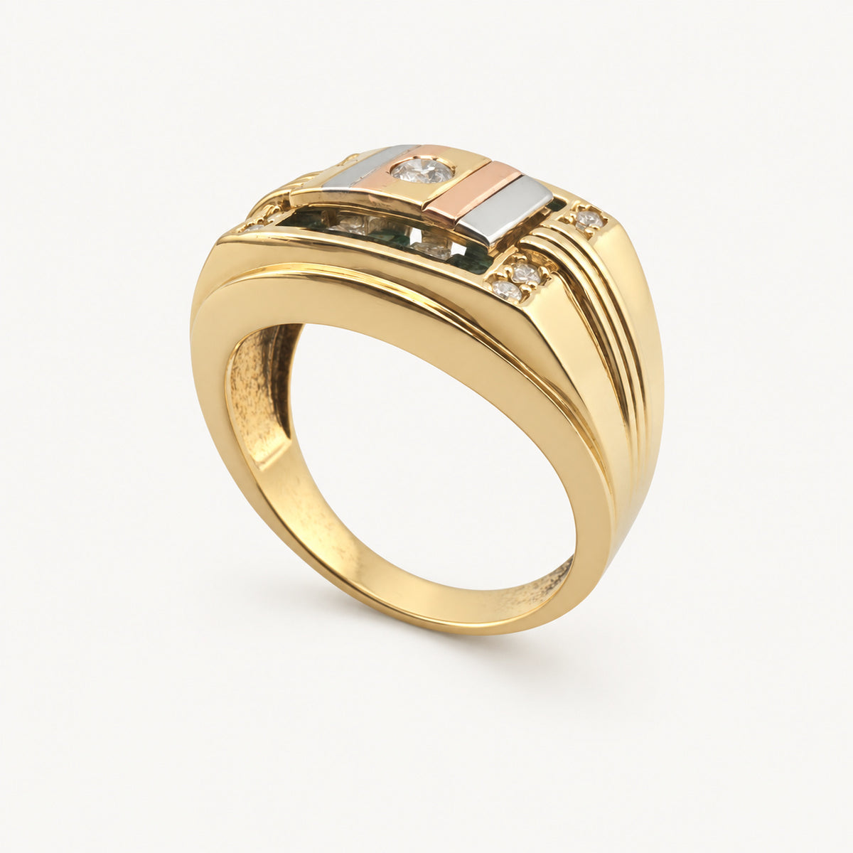 14K Gold Green Accent Rectangular Signet Ring — three-quarter view