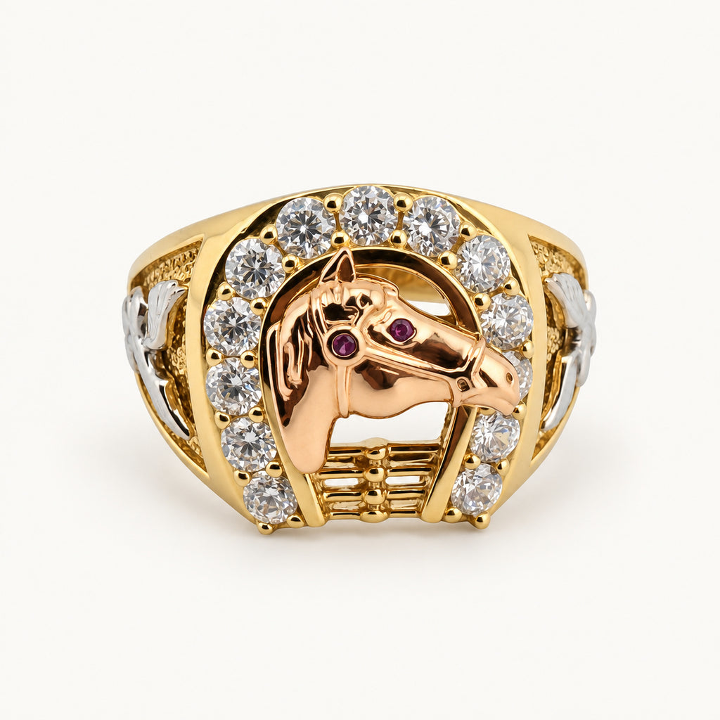 14K Gold Horse-Head Horseshoe Ring — front view