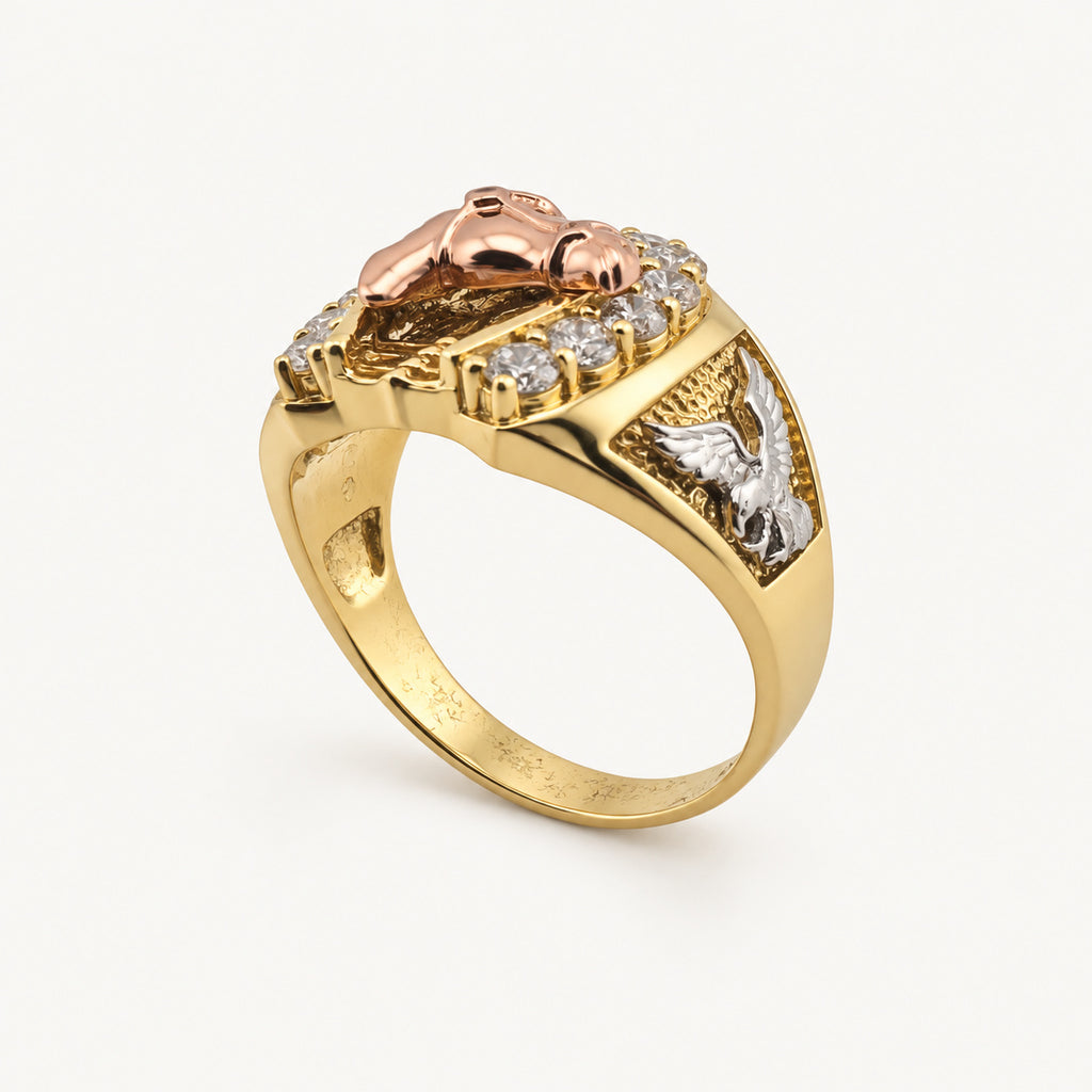 14K Gold Horse-Head Horseshoe Ring — three-quarter view
