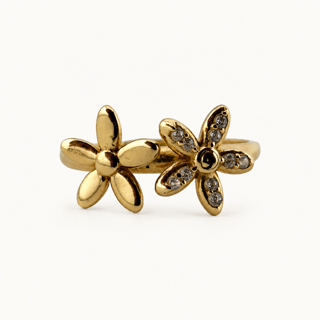 14K Gold Double Flower Ring — front