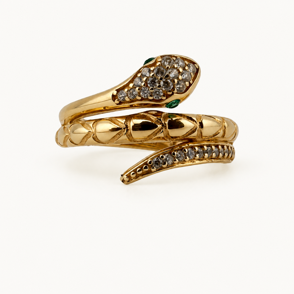 14K Gold Textured Snake Ring with Green Accents — front