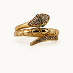 14K Gold Textured Snake Ring with Green Accents — front