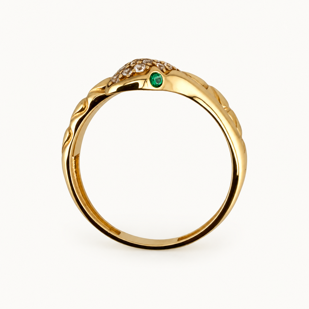14K Gold Textured Snake Ring with Green Accents — profile